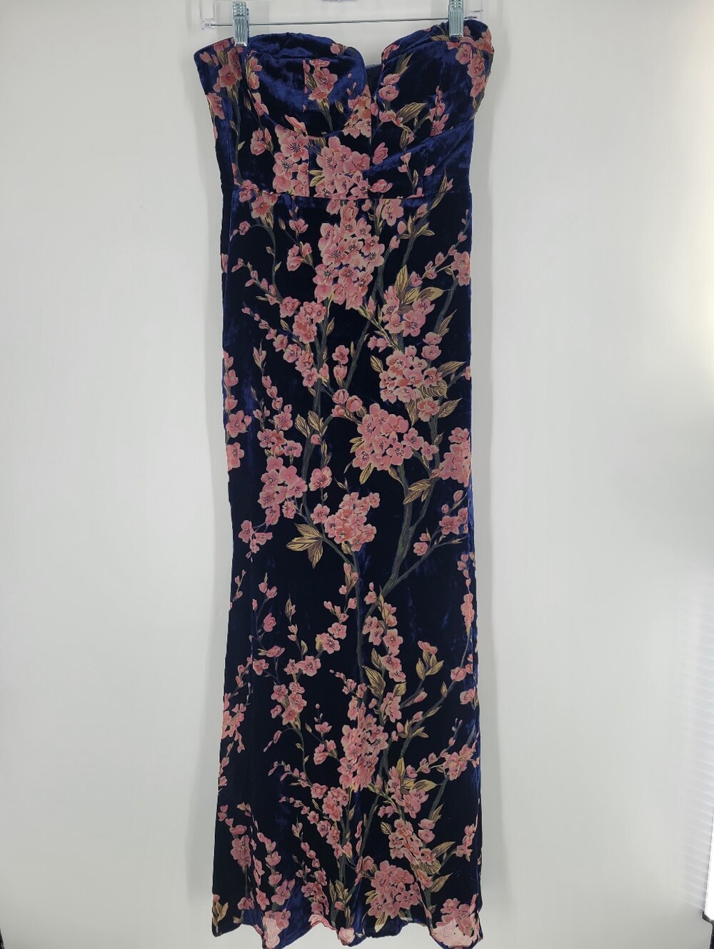 Lulus Bloom In Mind Navy Blue Floral Print Velvet Strapless Maxi Dress Small - Picture 2 of 4